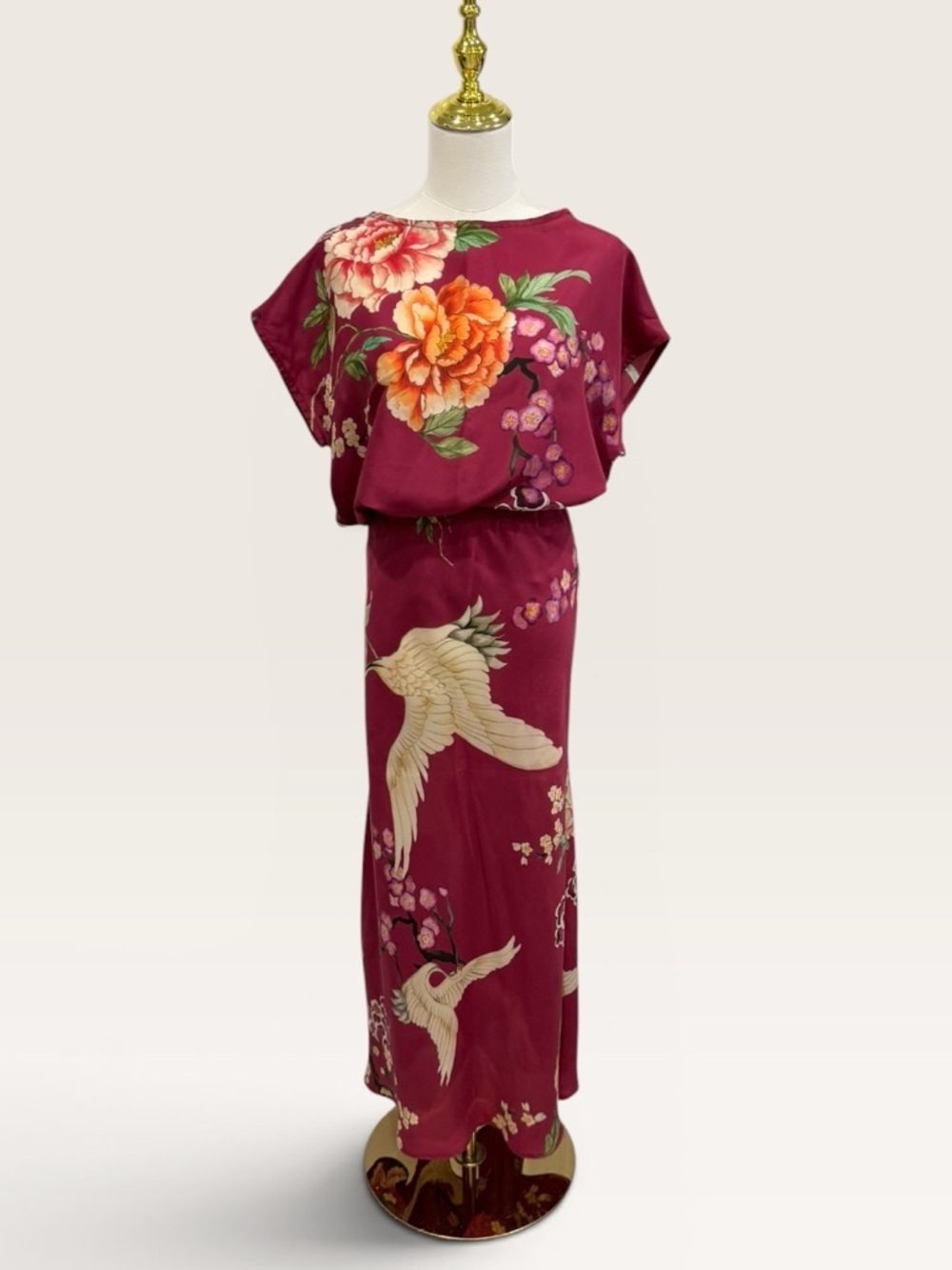 Bryn Walker NWT XXS Burgundy Silk Crane Floral Print Skirt & Top Set $360